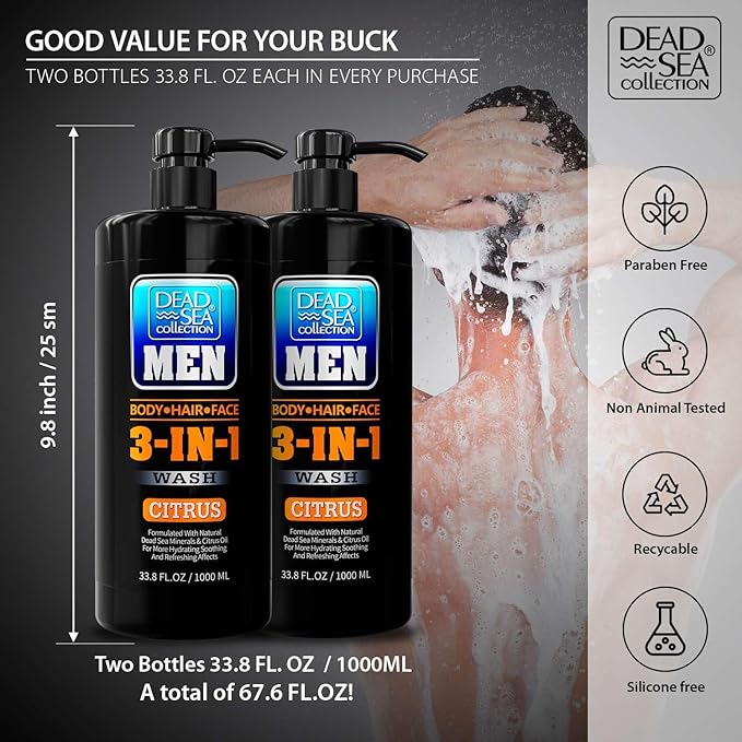 Dead Sea Collection Mens Body Wash 3 in 1 – Citrus Body Wash for Men – Shower Gel – Shampoo – Shower Soap for Face and Hair – Pack of 2 Bottles (33.8 Fl. Oz. Each)