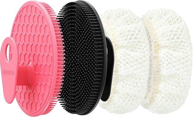 INNERNEED Food-Grade Silicone Body Scrubber Gentle Cleansing Brush with Exfoliating Net Sponge Bath Scrubbing Washcloth Case, More Hygienic and Well Lather (Black+Pink Set)