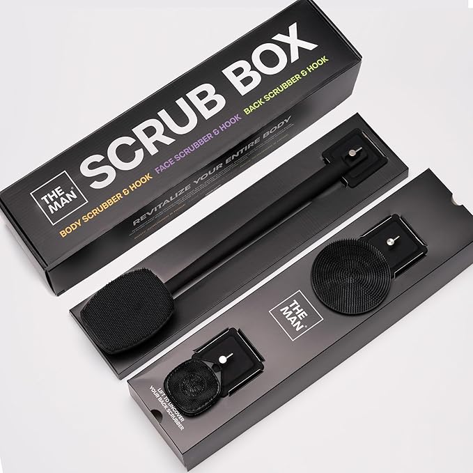 The Man Scrub Box - Silicone Back Scrubber, Face Scrubber & Body Scrubber Cleansing Brush for Men, Storage Hooks - Shower Bathroom Accessories for Men - Gifts for Him, Silicone Scrubbers Gift Box