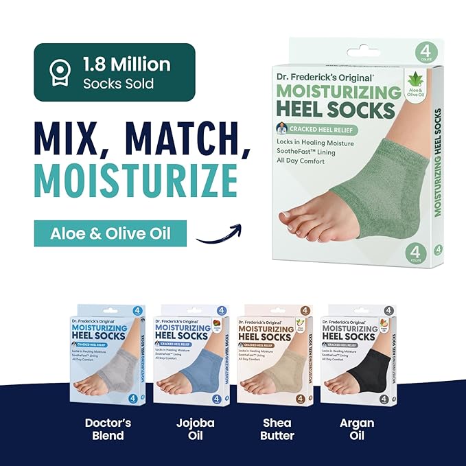 Dr. Frederick's Original Moisturizing Heel Socks for Cracked Heel Treatment - 2 Pairs - Socks for Dry Feet - Cracked Skin Repair & Overnight Hydration - Foot Care for Women & Men - Green Aloe