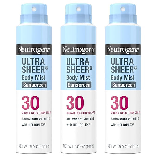 Neutrogena Ultra Sheer Body Mist Sunscreen Spray Broad Spectrum SPF 30, Lightweight, Non-Greasy & Water Resistant, Oil-Free & Non-Comedogenic, Oxybenzone-Free UVA/UVB Sunscreen Mist, 5 oz (Pack of 3)