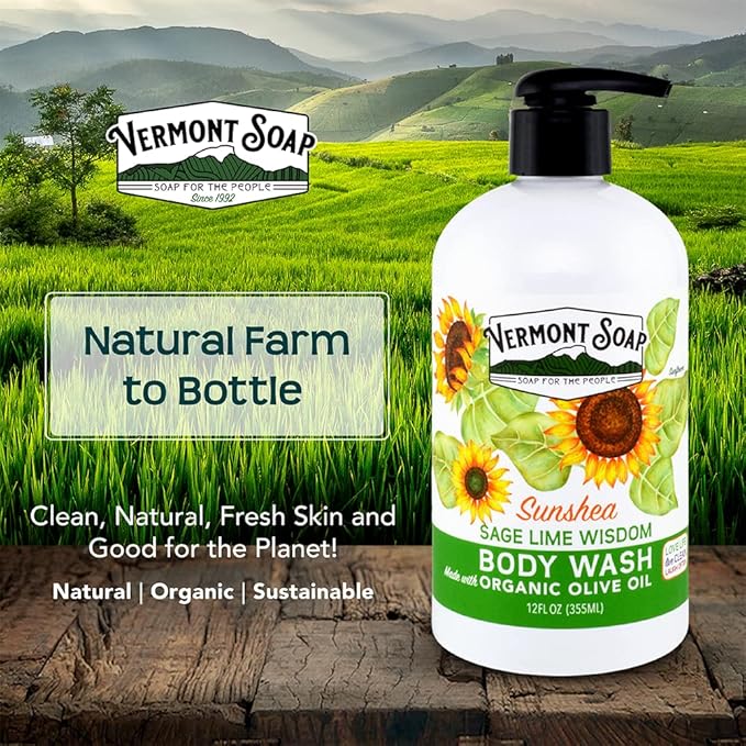 VERMONT SOAP Body Wash, Natural Body Wash with Shea Butter, Mild Gel Body Wash for Moisturizing and Soothing Skin, Fragrance Free Body Wash for Women & Men (Sage Lime Wisdom, 12oz)