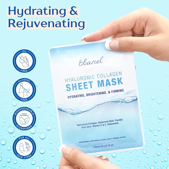 Ebanel 40 Pack Collagen Face Mask with Hyaluronic Acid, Vitamin C, Peptide, Aloe, Instant Brightening Hydrating Face Masks Skincare Korean Sheet Mask, Skin Firming, Lifting Anti Aging Facial Masks