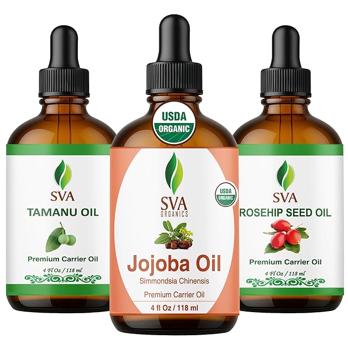 SVA Tamanu, Rosehip & Jojoba Oil 4oz Bundle Super Saver Combo – Premium Grade Bundle Set for Hair Oiling, Scalp Massage, Hair Care, Face, Skin Care and Body Massage