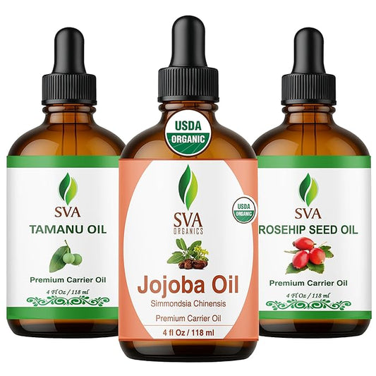 SVA Tamanu, Rosehip & Jojoba Oil 4oz Bundle Super Saver Combo – Premium Grade Bundle Set for Hair Oiling, Scalp Massage, Hair Care, Face, Skin Care and Body Massage