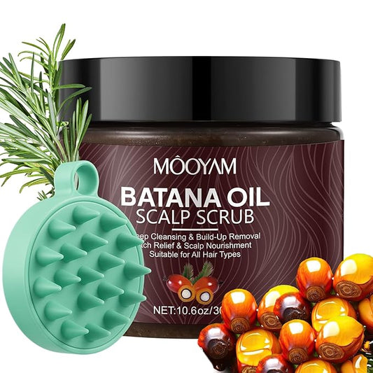 Scalp Scrub with Batana Oil, 2-in-1 Shampoo Scalp Exfoliator for Hair Treatment, Includes Silicone Scalp Massager, Removes Buildup & Dandruff, 10.6oz