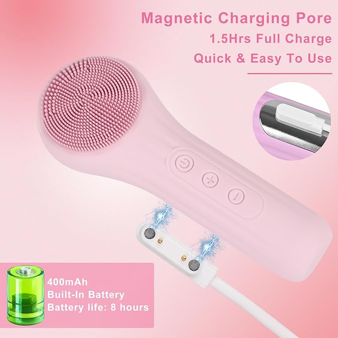 Silicone Face Scrubber Exfoliator, Silicone Face Wash Brush for Men & Women, Ipx7 Waterproof Rechargeable Facial Cleaner for Deep Cleansing, Exfoliating, Massage Face Scrubber (Pink)