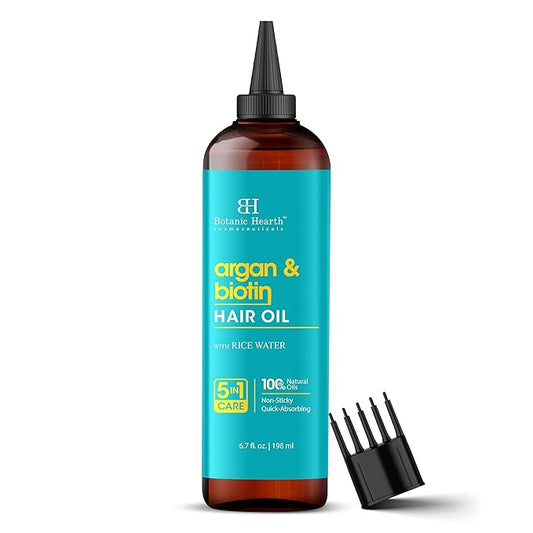 Botanic Hearth Argan & Biotin Oil to Tame Frizz and Add Shine (6.7 fl oz)| Infused with Biotin, Argan Oil | Hair Oil Repairs Dry Damaged Hair, Strengthening, Moisturizing, Healthier Hair