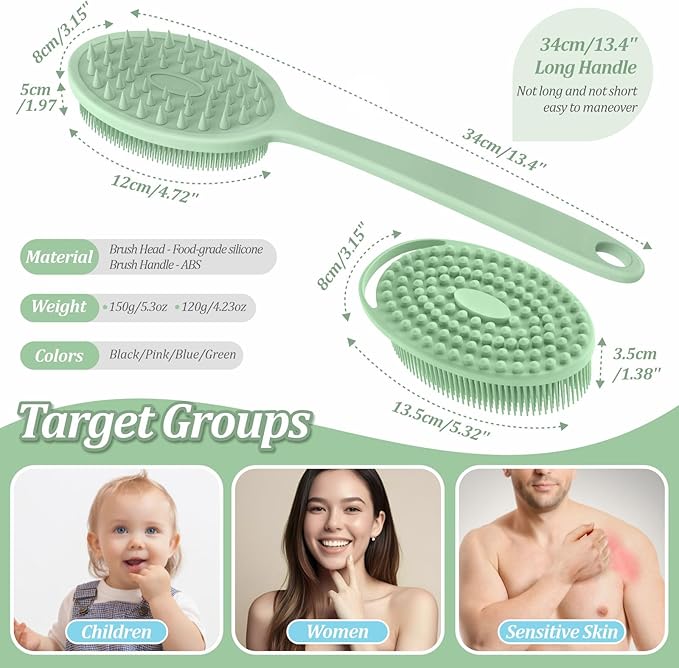 Silicone Back & Body Scrubber Set 2PCS, 13.4'' Gentle Exfoliating Back Scrubber with Dual-Side Head and Non-Slip Handle, Hygienic Silicone Loofah with Soft Bristles and Massage Dots(Green-2PC)