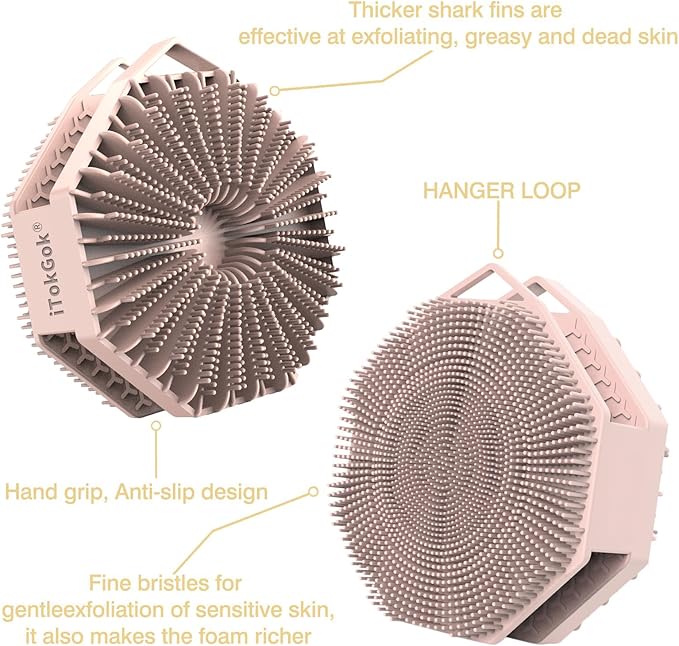 iTokGoK® Silver-Infused 2-in-1 Silicone Body Scrubber, Double-Sided Design Body Brush Scrubber Exfoliating Brushes for Sensitive Skin for Showering for Women Silicone Loofah- Sand Pink