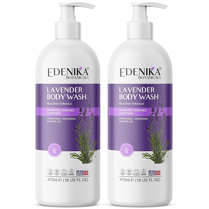 Edenika Lavender Body Wash with Vitamin E, Cleanses, Relaxes & Moisturizes, Stress Relief Shower Gel for Dry and Sensitive Skin, Women & Men, Organic & Natural, 16 fl oz, 2-Pack