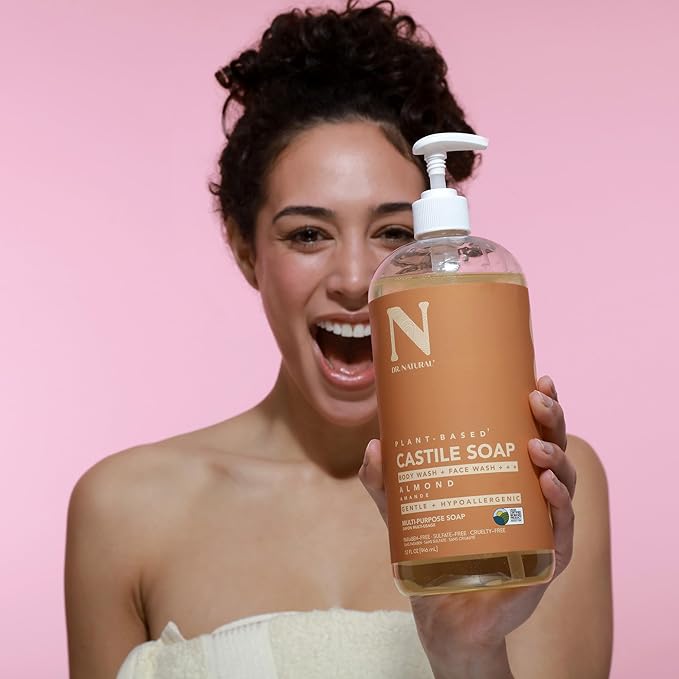 Dr. Natural Castile Liquid Soap - Multi-Use Body Wash, Shampoo and Face Wash - Hydrating Body Soap for Skin, Hair, Pets and Home - Almond - 2 pc