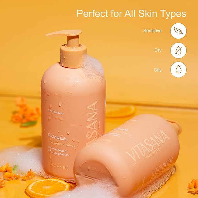 Vitasana Natural Body Wash for Sensitive Skin, 16 oz – Mandarin Orange Scent, 98.9% Plant‑Derived, EWG Verified, Hypoallergenic, Paraben‑Free, Sulfate‑Free, Cruelty‑Free