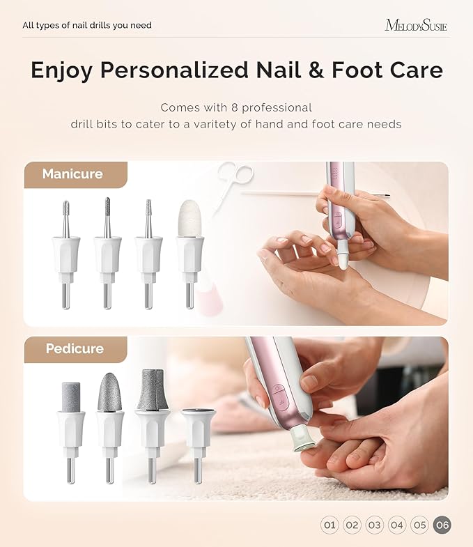 MelodySusie Professional Manicure Pedicure Kit,8-in-1 Electric Nail Drill Set with 5 Speeds,Rechargeable Cordless E-File with 360° LED Light,Perfect Hand Foot Care Trimmer Polish Tools - PC760G