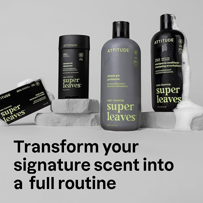 ATTITUDE Shower Gel Body Wash for Men, 98% Natural Origin Ingredients, Paraben & Phthalate Free, EWG Verified, Cleanses Without Drying, Matcha & Bergamot, 14 Fl Oz (Pack of 3)