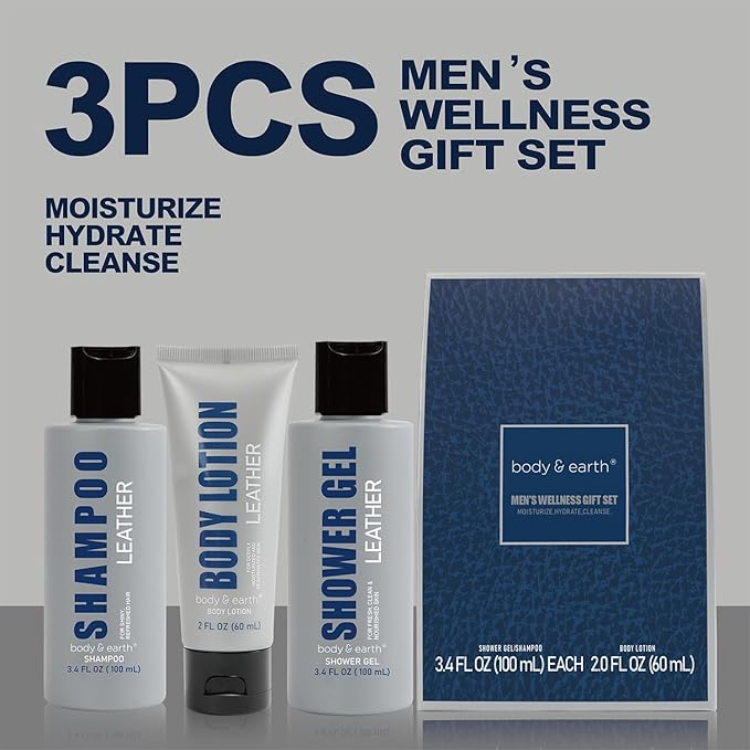 Gift Set for Men - Mens Bath Set and Body Wash Set with Leather Scent Shower Gel, Body Lotion, Shampoo, Mens Shower Gift Sets, Father Day Gifts for Men