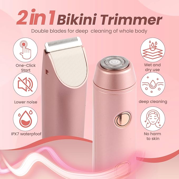 Bikini Trimmer for Women Electric Razors with IPX7 Waterproof & Low-Noise & Painless, Wet & Dry Use Electric Shaver for Women Support 60 Mins Runtime for Facial Hair Removal & Body & Intimate Areas