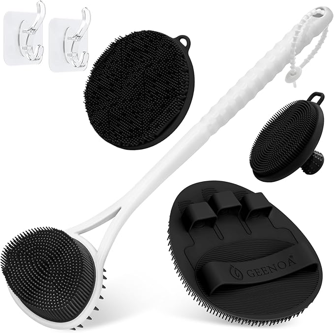 Silicone Back & Body & Face Scrubbers Set 4PCS, 15.35’’ Soft Back Scrubber for Dual-Side Usage, Easy-to-Hold Bath Glove Body Scrubber Face Scrubber for Good Foaming & Deep Cleaning(Black)