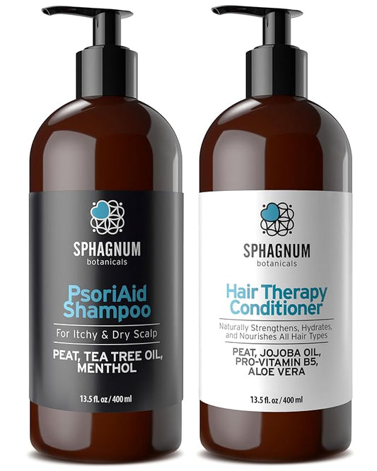 Psoriasis Shampoo and Conditioner Set - Peat Mud Therapy for Red & Itchy Scalp with Tea Tree Oil, No Coal Tar. For Both Men and Women. 2 x 13.5 Oz