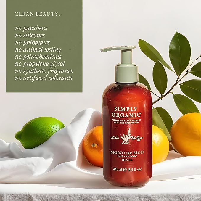 SIMPLY ORGANIC Moisturizing Deep Conditioner Scalp Rinse Made in Italy, All Natural Cruelty Free Hair Care for Women & Men with Shea Butter & Olive Leaf Extract, 251ml/8.5floz, MOISTURE RICH