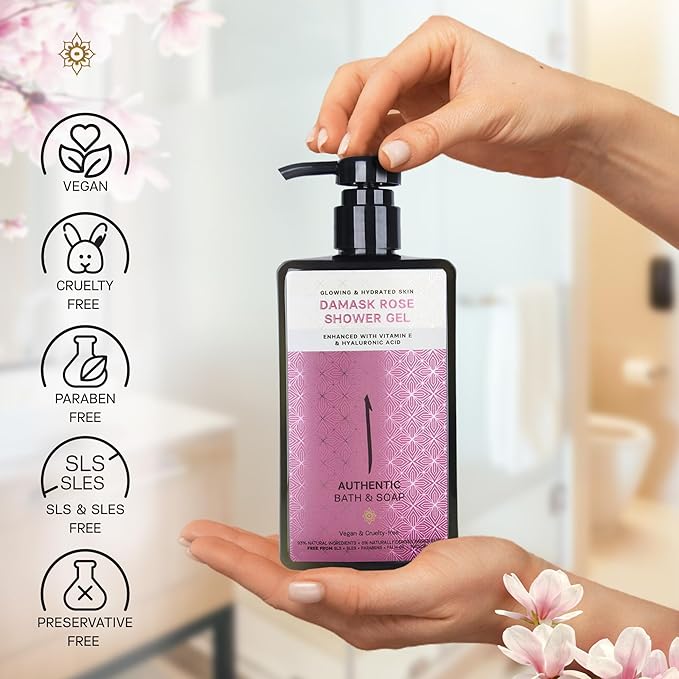 AUTHENTIC BATH & SOAP Rose Body Wash for Normal Skin – Soothing Shower Oil with Rose Water & Essential Oils, Vegan, Cruelty-Free, Hydrating Body Wash Women, 16.9 Fl Oz