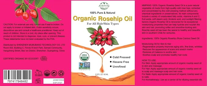 Rosehip Seed Oil for Face (2 oz/60 ml) USDA Certified Organic 100% Pure Natural Cold Pressed Unrefined Rosehip Oil for Skin Anti-Aging, Scar, Hair Moisturizer, Gua Sha Massage, Nails