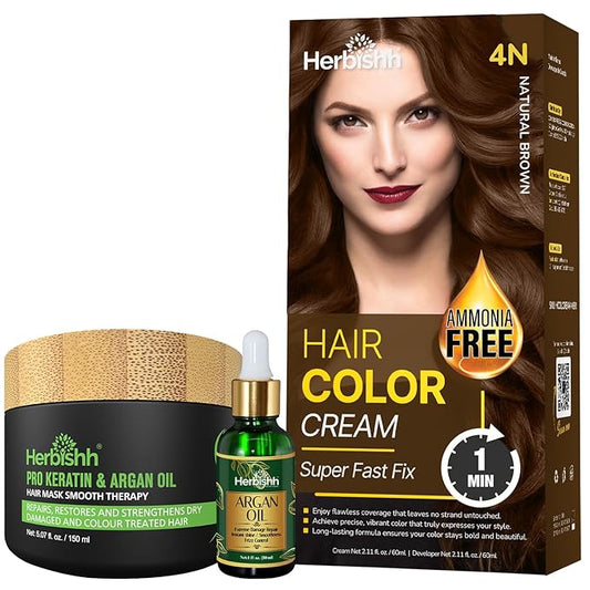 Natrual Brown Rapid Infusion Hair Color Cream, Permanent Hair Dye in One Minute with Comb Applicator, Argan Hair Oil 1FL Oz and Argan Oil Deep Conditioning Hair Mask 5.07 FL OZ Combo Pack