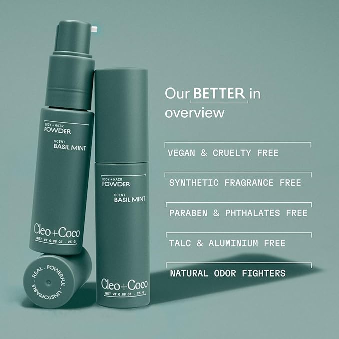 Cleo+Coco - Natural Dry Shampoo Powder - For Body & Hair - For Women - Absorbs Odor & Sweat - Essential Oils & Arrowroot Powder - Free of Talc & Parabens - PCR - Made in USA - Basil Mint - 0.88oz