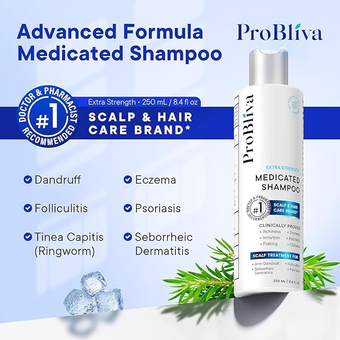 ProBliva Medicated Anti-Fungal & Dandruff Shampoo: Extra Strength Scalp Treatment for Dandruff, Folliculitis, Psoriasis, Seborrheic Dermatitis, Itchy & Dry Scalp