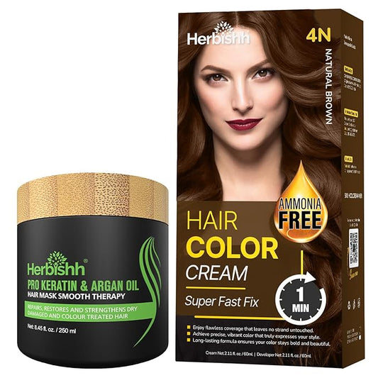 Natrual Brown Rapid Infusion Hair Color Cream, Permanent Hair Dye in One Minute with Comb Applicator and Argan Oil Deep Conditioning Hair Mask 8.45 FL OZ Combo Pack