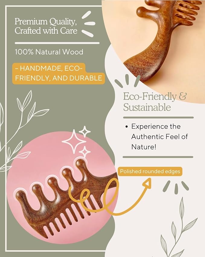 Wooden Scalp Massager Comb – Natural Wood Wide & Fine Tooth with Handle for Hair Growth, Scalp Care & Stress Relief – Detangling Tool for All Hair Types
