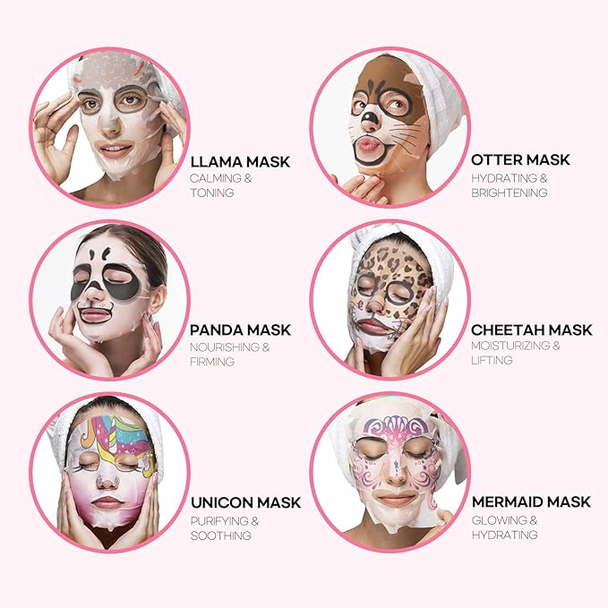 Epielle Animal Character Sheet Masks 6 Pack, Moisturizing & Hydrating Face Mask with Hyaluronic Acid & Botanical Extract, Korean Skin Care, Girls Spa Party Favors, Sleepover, Self Care Gifts for Women