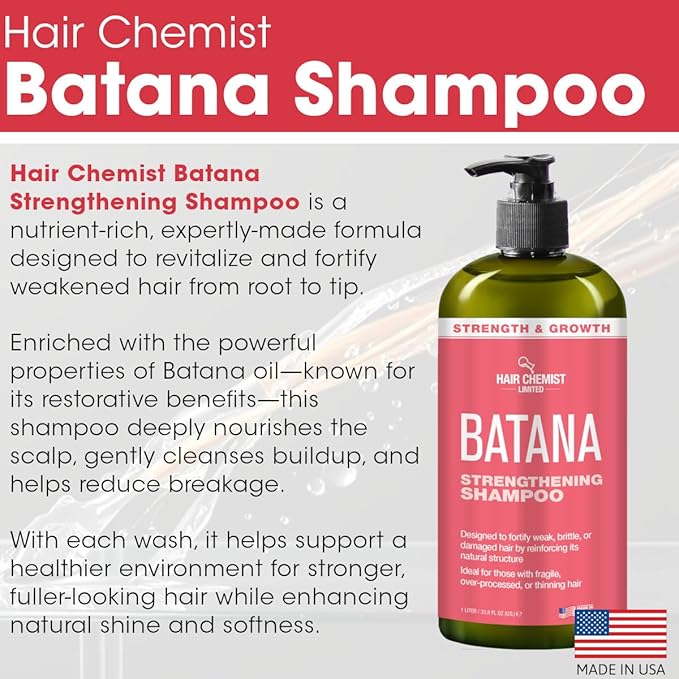 Hair Chemist Batana Strengthening Large Shampoo, Conditioner and Hair Oil Set (3-PC SET) - Batana Shampoo and Conditioner for Hair Growth, Thickening and Strength, Batana Hair Oil