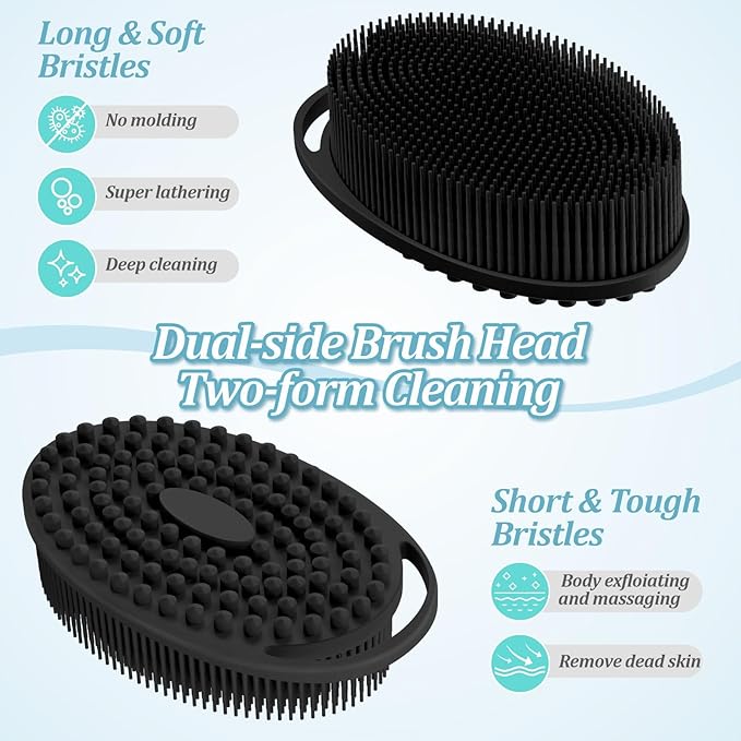 Silicone Back & Body Scrubber Set 2PCS, 13.4'' Gentle Exfoliating Back Scrubber with Dual-Side Head and Non-Slip Handle, Hygienic Silicone Loofah with Soft Bristles and Massage Dots(Black-2PC)