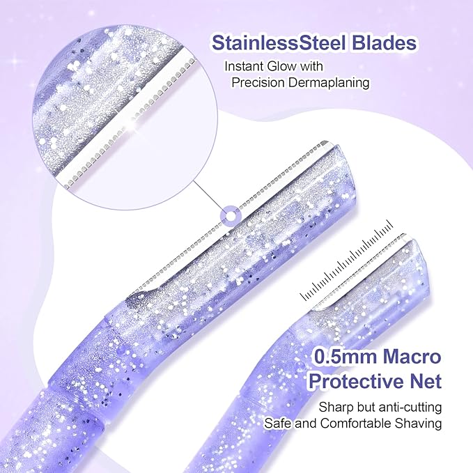 Women’s Dermaplane Razor for Face & Eyebrow - Anti-Cutting Japanese Blades for Eyebrow and Facial Hair Removal, Achieve Silky Skin and Perfect Brows (Purple, 6 Count)