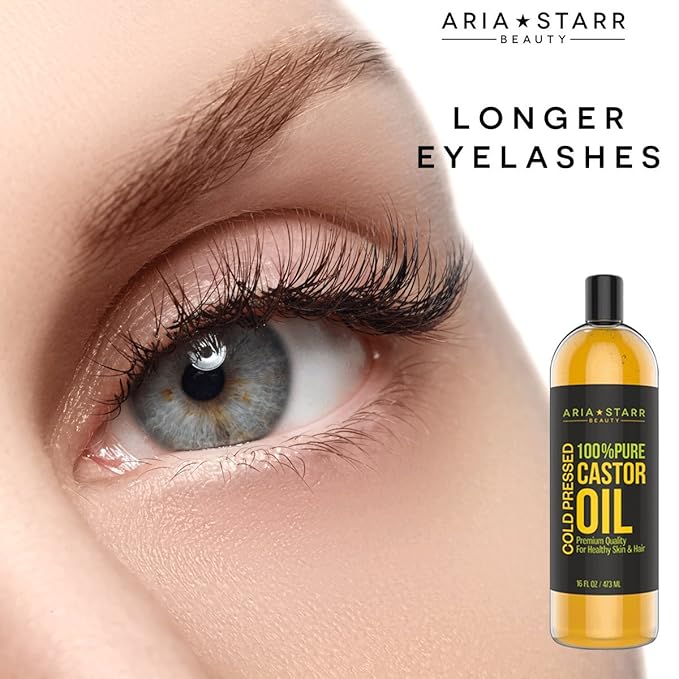 Aria Starr Castor Oil Cold Pressed - 16 FL OZ - 100% Pure Hair Oil For Hair Growth, Face, Skin Moisturizer, Scalp, Thicker Eyebrows And Eyelashes