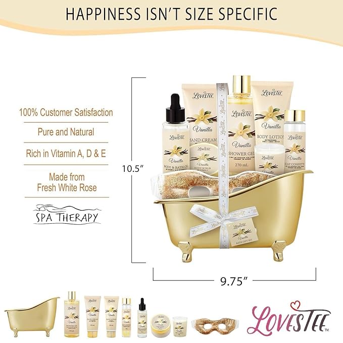 Mothers Day Gifts, Spa Basket for Women, Vanilla Bath & Body Set, Christmas & Birthday Gift, Includes Shower Gel, Body Lotion, Hand Cream, Body Scrub, Message Oil, Candle, Eye Mask, Confetti