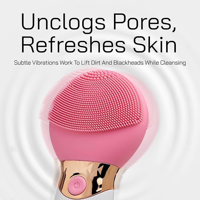 Bella Ciao Facial Cleansing Brush for Women – Rechargeable Silicone Face Scrubber, 4 Massage Settings, Exfoliating & Massaging, Water Resistant – Standing Base, Pink