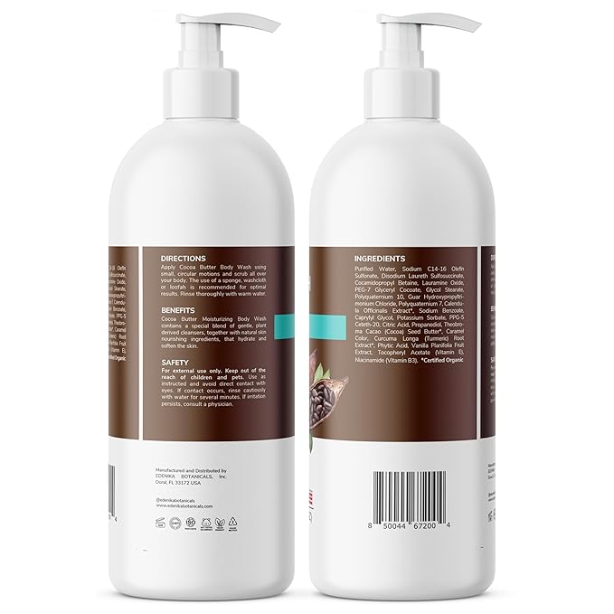Cocoa Butter Body Wash, Cleanses, Hydrates & Nourishes, Deep Moisturizing Shower Gel for Dry and Sensitive Skin, Women & Men, Organic & Natural, 16 fl oz