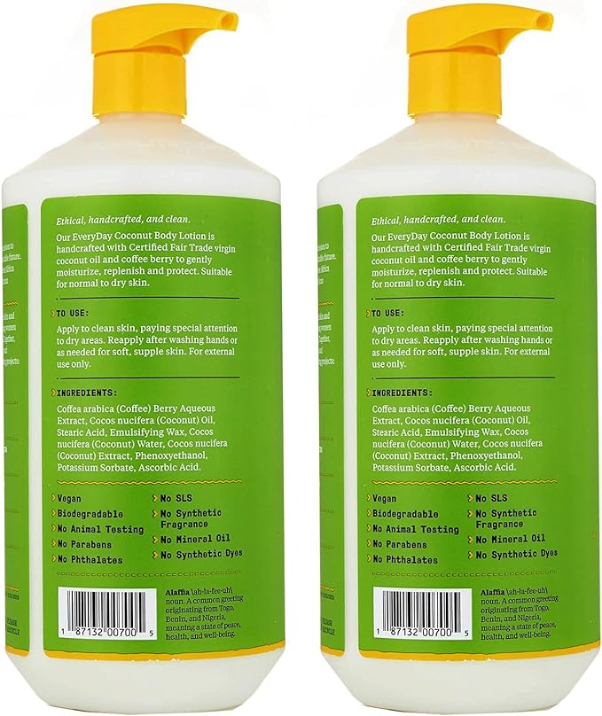 Alaffia Everyday Coconut Hydrating Body Lotion, Normal to Dry Skin, Moisturizing Coconut Oil is Support for Soft & Supple Skin, Purely Coconut, 2 Pack - 32 Fl Oz Ea