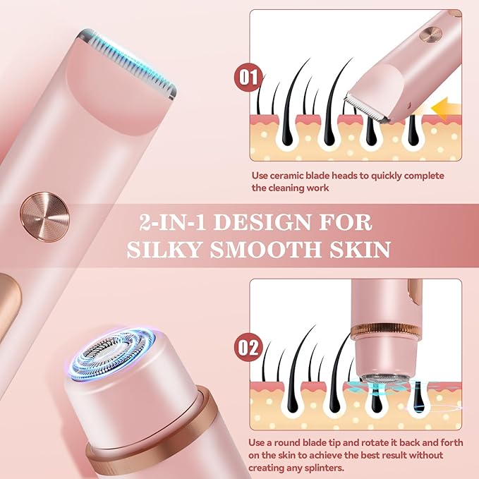 Bikini Trimmer for Women 2in1 High Power Epilators Hair Removal Waterproof Electric Razors Women's Electric Razor Pubic Hair Trimmer Shaver for Women for Ladies Pubic，Face， Underarms，Legs (Pink)