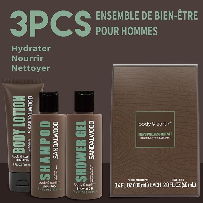 BODY & EARTH Men Gift Sets - 3PC Mens Gift Baskets Includes Sandalwood Shower Gel, Body Lotion, Shampoo, Mens Gift Basket as Birthday and Christmas Gifts for Men, Boyfriends and husbands