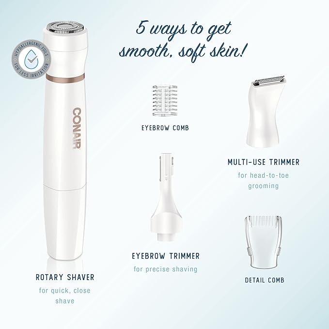 Conair All-In-1 Facial Hair Removal for Women, Cordless Electric Trimmer, Perfect for Face, Ear/Nose, Eyebrows, and Bikini Lines