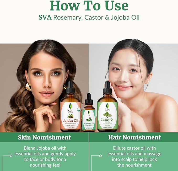 SVA Rosemary Essential Oil 1oz, Castor Oil 4oz, and Jojoba Oil 4oz Bundle Super Saver Combo – Premium Grade Value Set for Hair Oiling, Scalp Massage, Hair Care, Face, Skin Care, and Body Massage