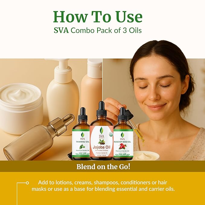 SVA Tamanu, Rosehip & Jojoba Oil 4oz Bundle Super Saver Combo – Premium Grade Bundle Set for Hair Oiling, Scalp Massage, Hair Care, Face, Skin Care and Body Massage