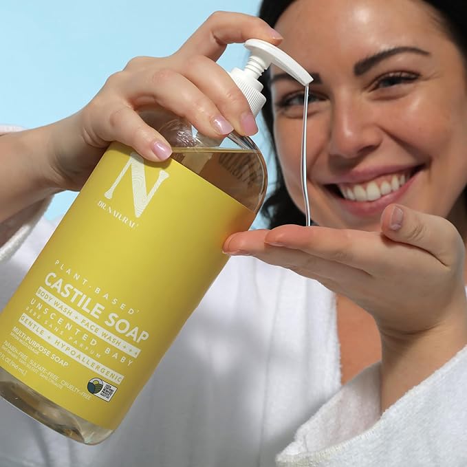 Dr. Natural Castile Liquid Soap - Multi-Use Body Wash, Shampoo, Face Wash - Hydrating Body Soap for Skin, Hair - Peppermint, Unscented Baby- 2 pc