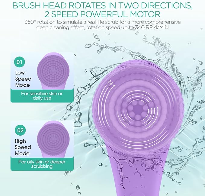 VOYOR Electric Body Brush Back Scrubber Silicone Body Scrubber Two-Way Rotating Brush Head for Deep Cleaning, Exfoliation, 4 Attachments Long Handle IPX6 Rechargeable Shower Brush BC300 (Purple)