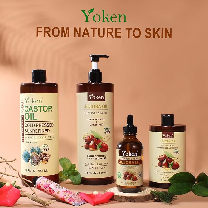 Yoken Jojoba Oil 4 fl oz EWG Verified 100% Pure Jojoba Oil Cold Pressed for Skin, Hair, Nails, Cuticles - Unrefined & Hexane Free, Natural Moisturizer Carrier oils Facial Serum for Gua Sha