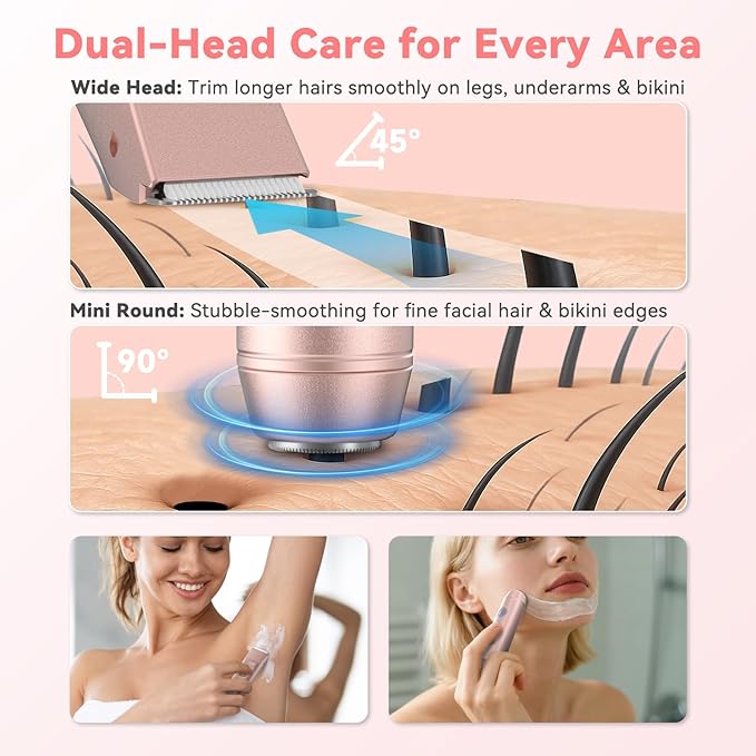 2-in-1 Bikini Trimmer for Women, Shaver & Razor Dual Heads with Independent Switches, IP67 Waterproof, USB-C Rechargeable, Wet/Dry Hair Removal for Bikini Underarms Legs Face (Rose Gold)