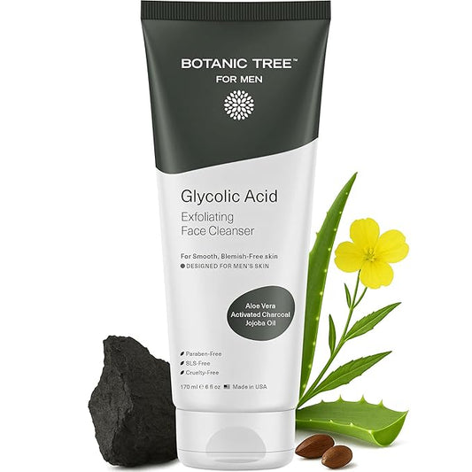 Botanic Tree Glycolic Acid Exfoliating Face Wash for Men - Facial Exfoliating Cleanser, Face Scrub - 10% Glycolic Acid with Activated Charcoal - 6 fl oz